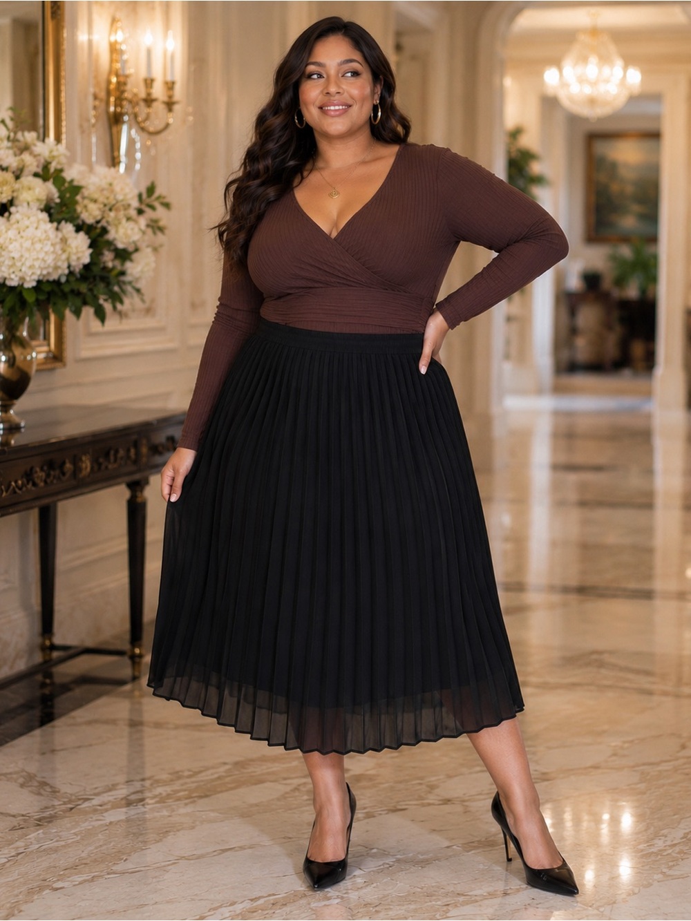 The Raconteur Black Pleated Chiffon Midi Skirt XXLP Lined Elastic Waist